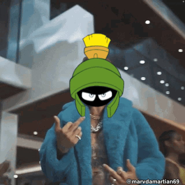 a cartoon of marvin the martian wearing a fur coat giving the middle finger