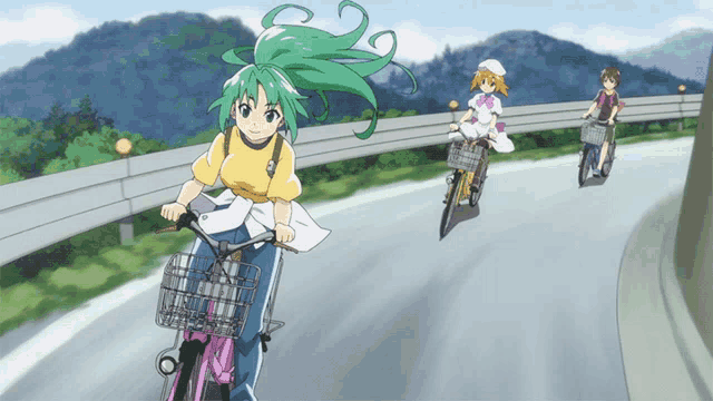 a girl with green hair is riding a bike