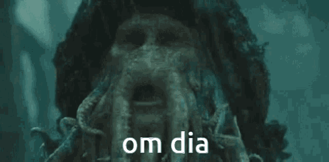 a close up of a squid 's face with the words om dia above it