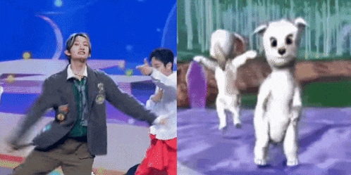 a man is dancing next to a picture of a white dog dancing .