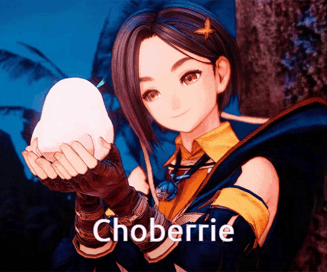 a girl holding an egg with the name choberrie above her