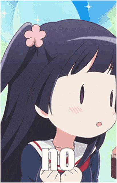 a girl with a flower in her hair has the word no in front of her