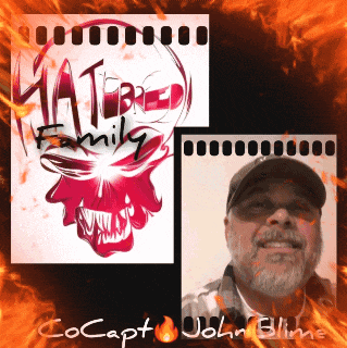 a man with a beard is smiling in front of a picture of a skull that says matred family