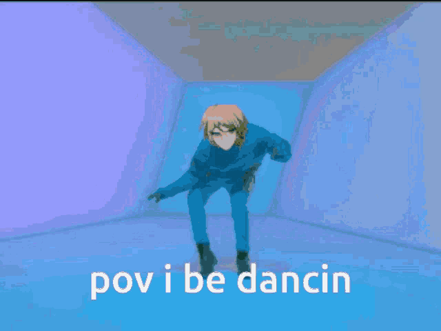 a pixelated image of a person running with the words pov i be dancin below them