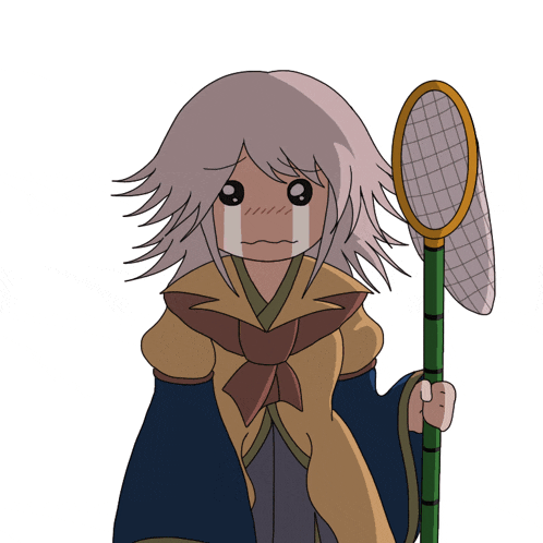 a cartoon of a girl with a tear running down her face holding a butterfly net