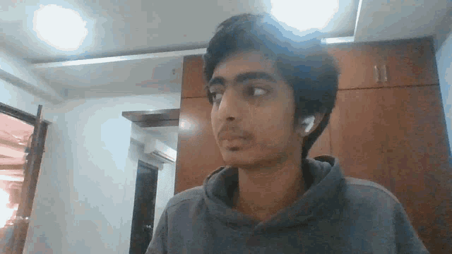 a young man wearing a grey hoodie and earbuds looks at the camera
