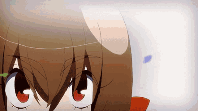 a close up of a girl 's face with red eyes and brown hair