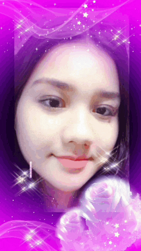 a woman 's face is surrounded by a purple background