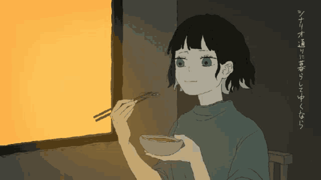 a drawing of a girl holding a bowl and chopsticks