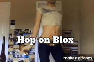 a woman in a crop top dancing with the words hop on blox