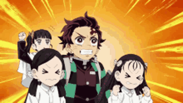 a group of anime characters are standing next to each other and one of them is angry .