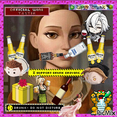 a picture of a woman surrounded by bottles of alcohol and a sign that says " official wine taster "