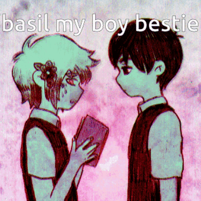a boy and a girl standing next to each other with the words basil my boy bestie above them