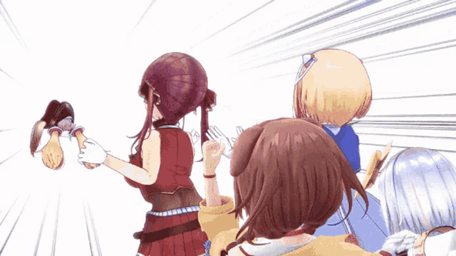 a group of anime girls are standing next to each other with a white background