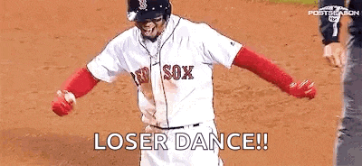 a baseball player is dancing on the field while wearing a red sox uniform .