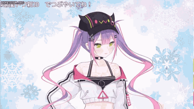 a girl with purple hair and green eyes is wearing a hat that says honeycomb on it