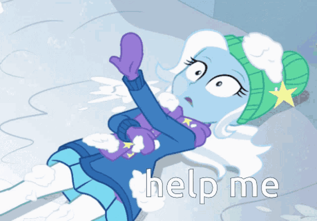 a cartoon of a girl laying in the snow with the words help me written below her