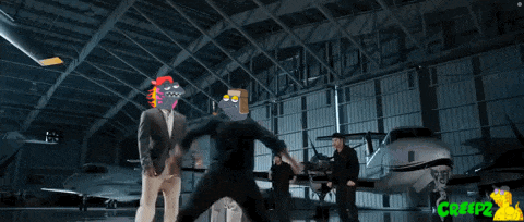 a group of people are dancing in a hangar with creepz written on the bottom right