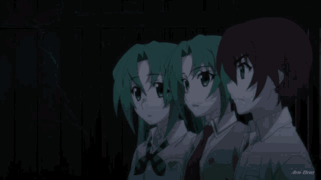 a group of anime characters are standing next to each other in a dark room with an arrow written on the bottom