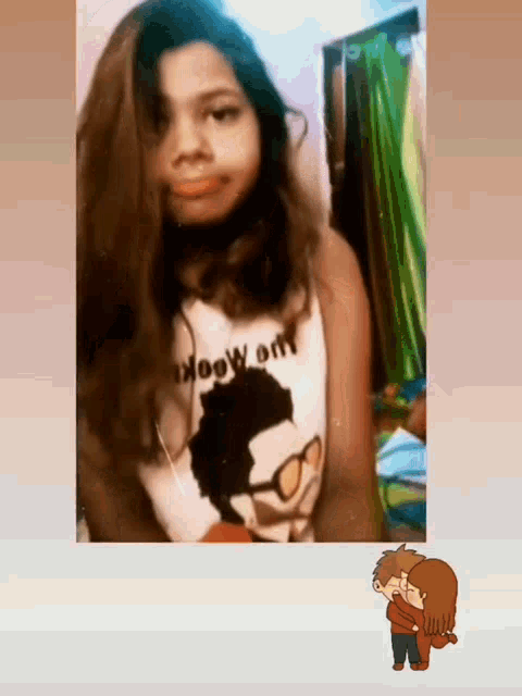 a girl with long hair is wearing a shirt that says ' i love you '