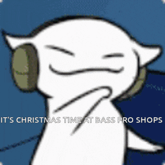 a cartoon of a person wearing headphones with the words it 's christmas time at bass pro shops
