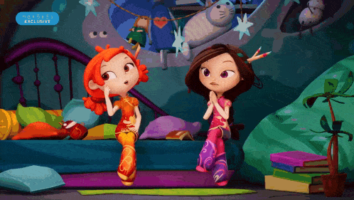 two cartoon girls are standing next to each other in a room with a sign that says exclusive on it