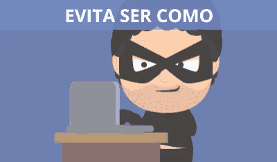 a cartoon of a man wearing a mask looking at a laptop