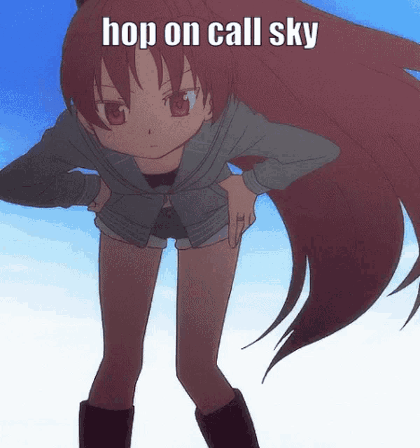 a picture of a girl with the words hop on call sky