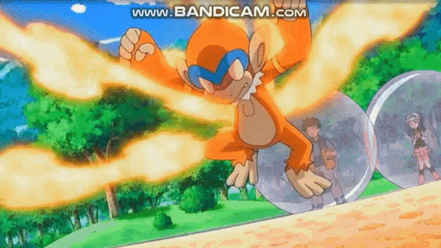 a cartoon monkey is flying through the air while a boy and a girl watch .