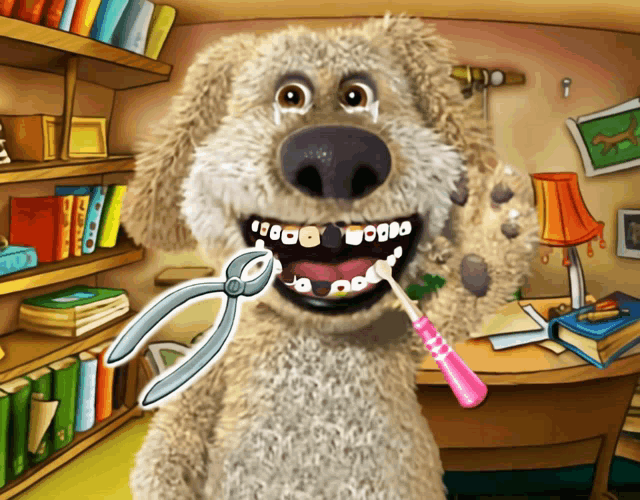 a cartoon dog is brushing his teeth with a pink toothbrush