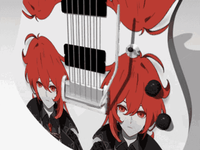 a girl with red hair is standing next to a white guitar