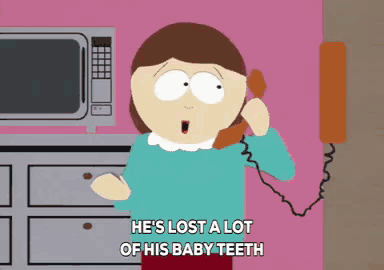 a cartoon of a woman talking on a phone with the words he 's lost a lot of his baby teeth