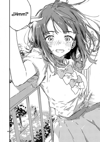 a black and white drawing of a girl leaning on a railing with a question mark above her head .