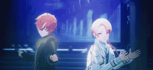 two anime characters are standing next to each other
