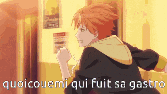 a cartoon character is running with the words " quoicouemi qui fuit sa gastro " written below him