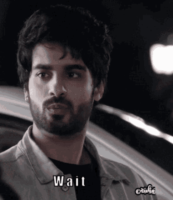 a man with a beard is standing in front of a car with the words wait written on his face