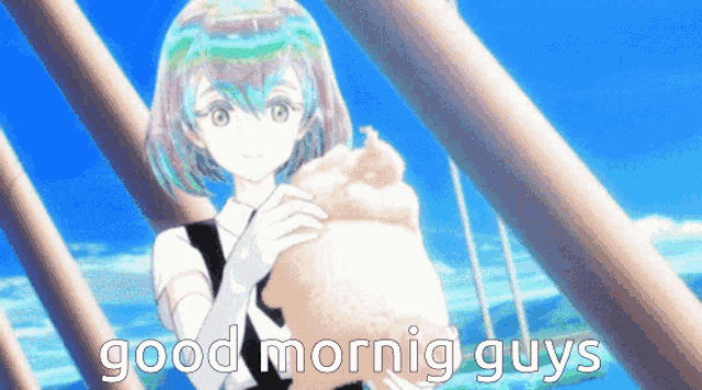 a girl holding a seashell with the words good mornig guys written below her