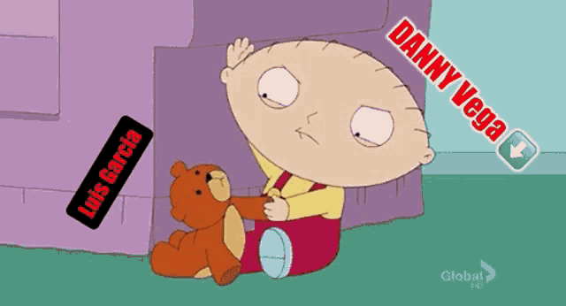 a cartoon of stewie holding a teddy bear with danny vega written on the bottom right