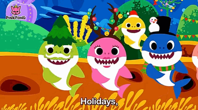 a pinkfong advertisement with sharks in christmas costumes