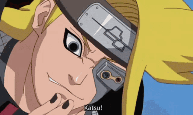a close up of a cartoon character with the word katsu on the bottom