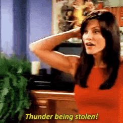 a woman says thunder being stolen while standing in front of a tv