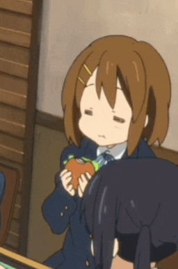 a cartoon girl with brown hair is eating a sandwich