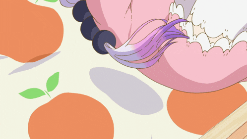 a cartoon drawing of a girl with purple hair and orange circles in the background