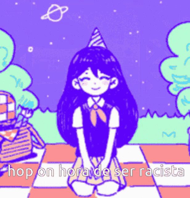 a girl in a party hat is sitting on a checkered floor with the words hop on hora de ser racista below her