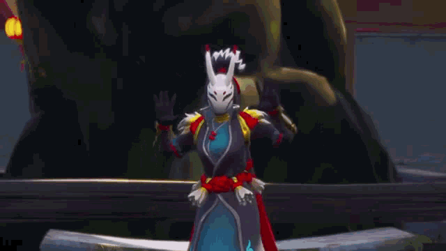 a video game character wearing a bunny mask is standing in front of a statue .