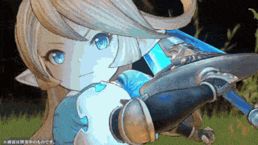 a girl with blonde hair and blue eyes holds a blue sword