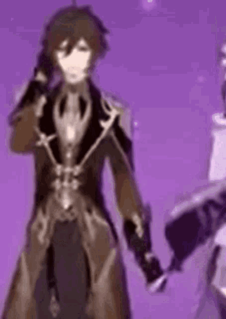 a man is standing in front of a purple background holding a gun .