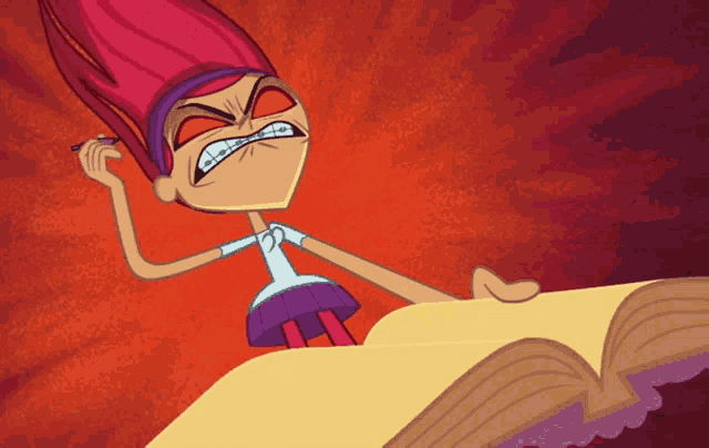 a cartoon girl with braces on her teeth is sitting on a book