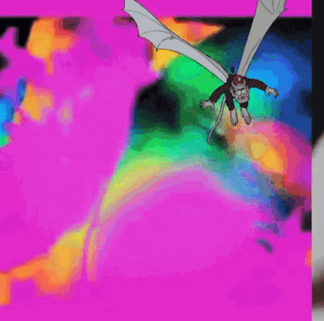 a cartoon character is flying through the air on a rainbow background