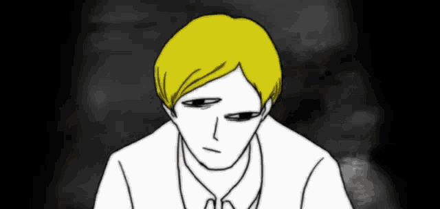 a black and white drawing of a man with yellow hair and black eyes